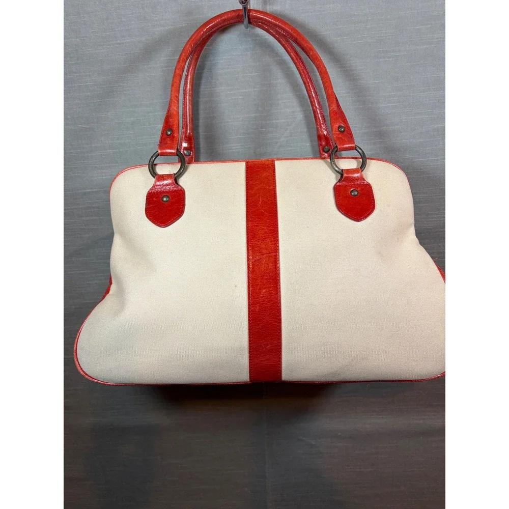 77. Vintage Nordstrom East‎ West Canvas Burnt Orange Leather Satchel Tote Bag